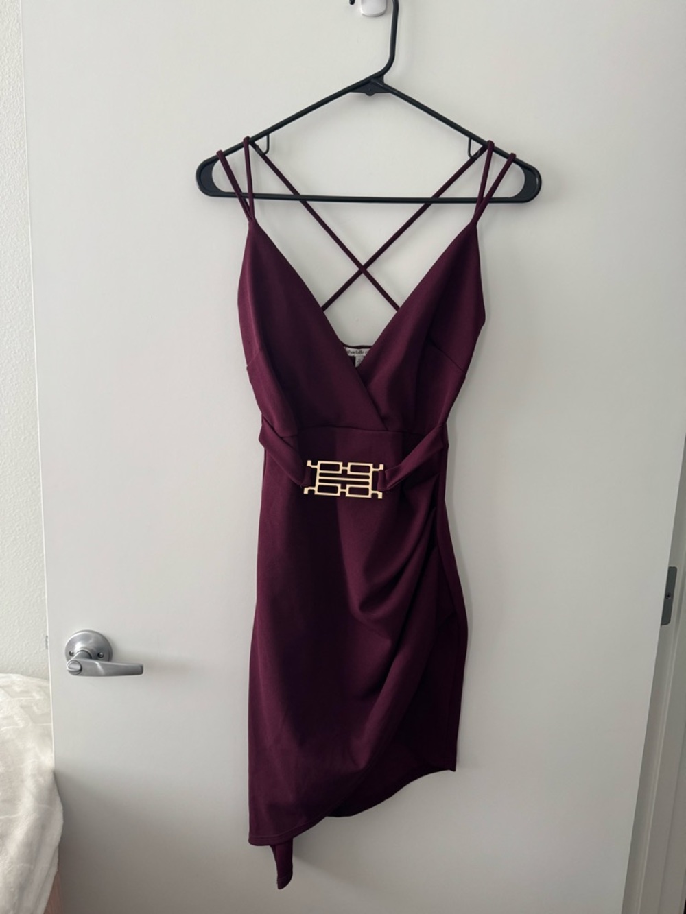 Charlotte Russe Burgundy Strappy Asymmetrical Dress with Gold Buckle
